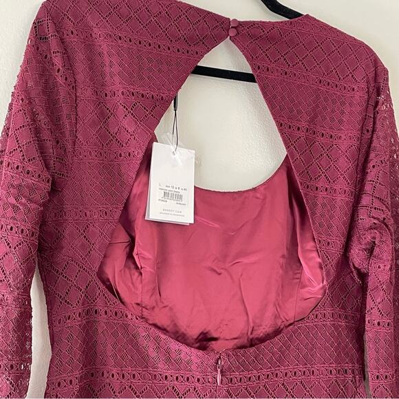 Bardot Revolve Marion Lace Dress Long Sleeve Knee Length Open Back Slit Maroon 8 - Picture 7 of 12